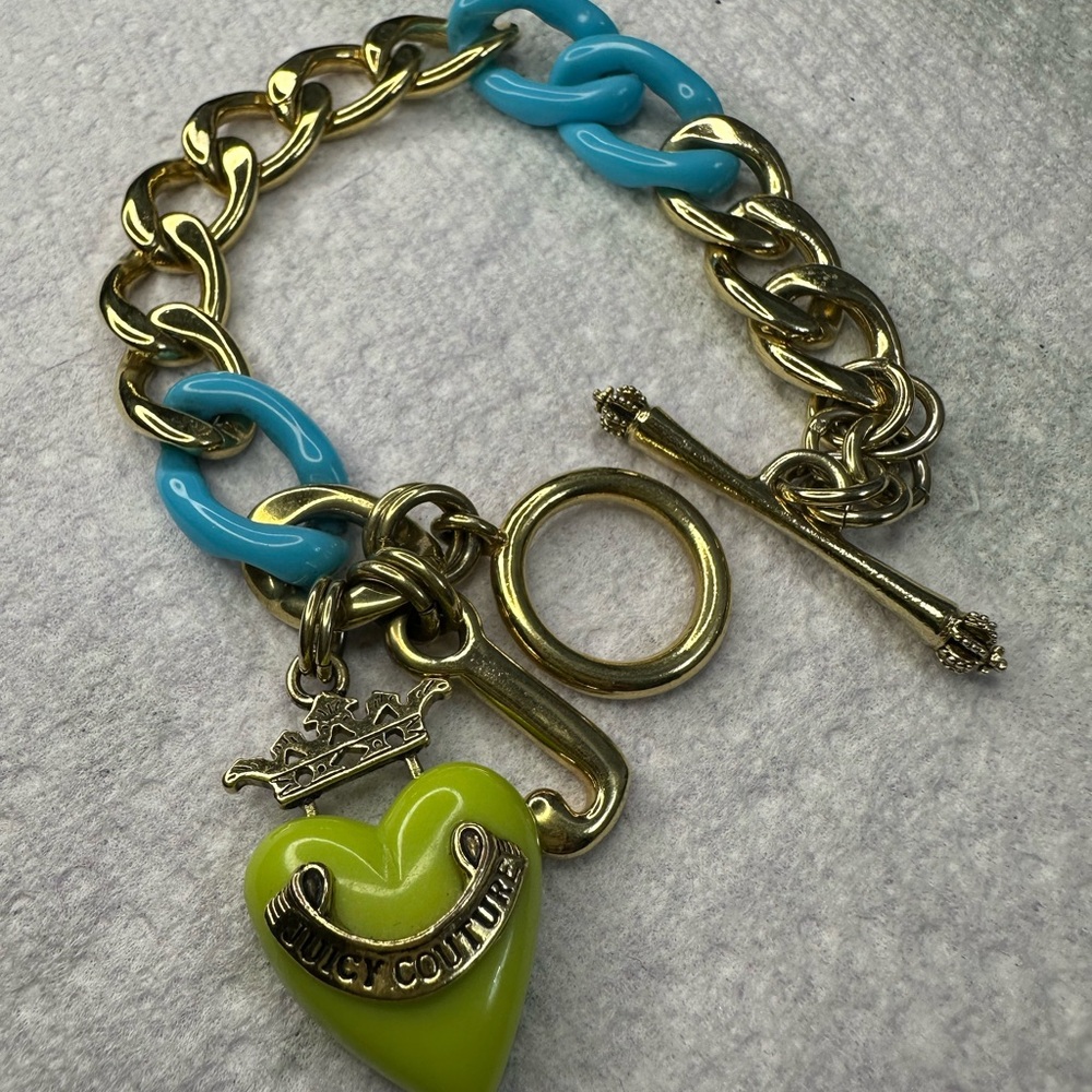 Juicy Couture Link Bracelet with Gold Blue Links and Lime Heart Rare! Beautiful